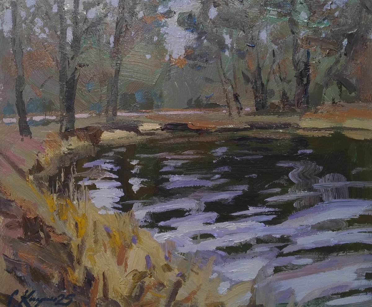 Impressionistic Landscape Acrylic Painting By Sergey Kachin, 24 X 20", Early Spring, Original Artwork