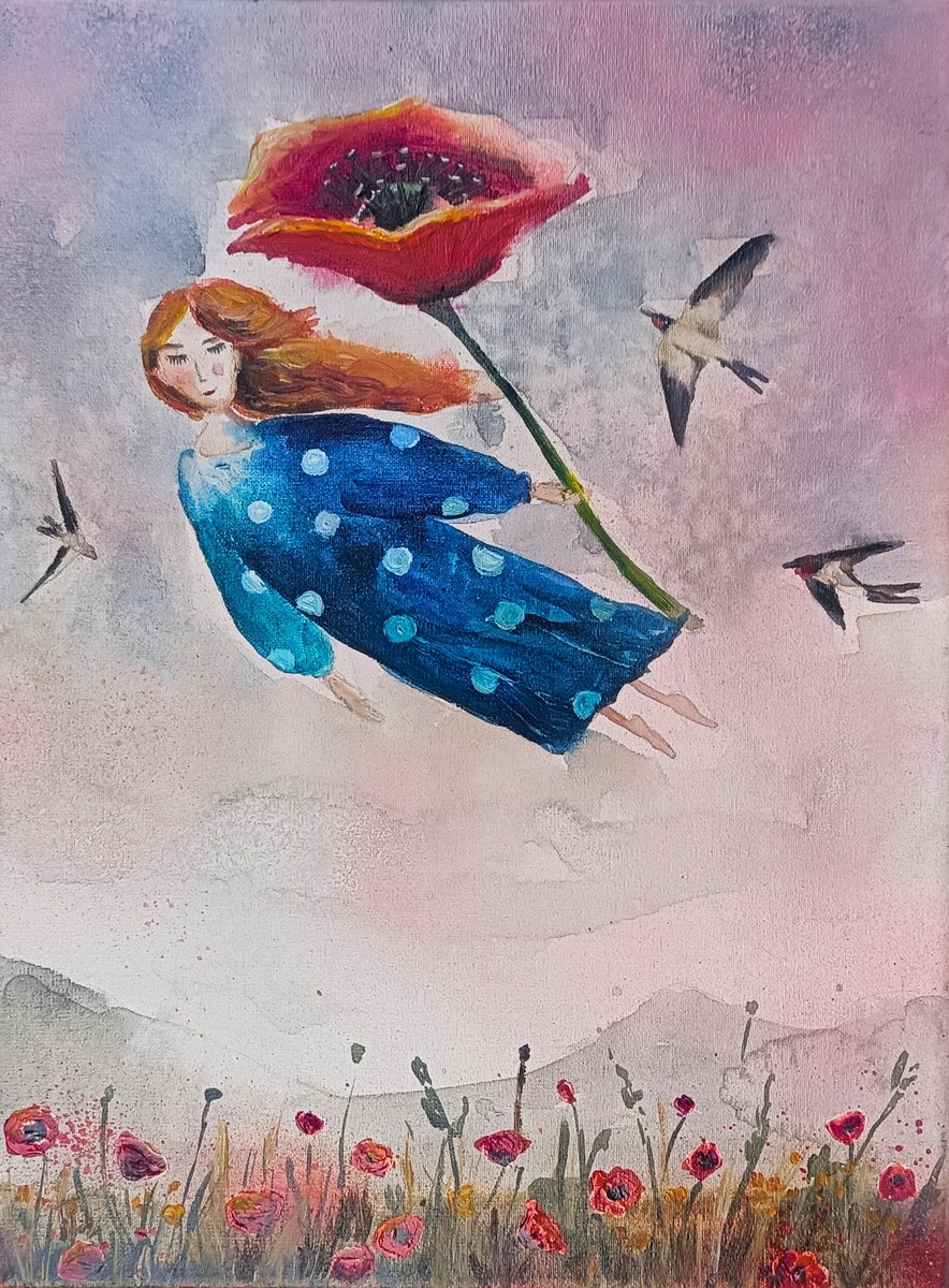 Surrealistic Portrait Painting By Evgenia Smirnova, 9 X 12, Over The Fields, Original Artwork