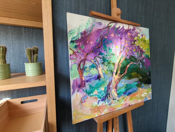 Spring impressions. 70x80 cm. Lilac blossom.  Large spring impressionistic oil painting .