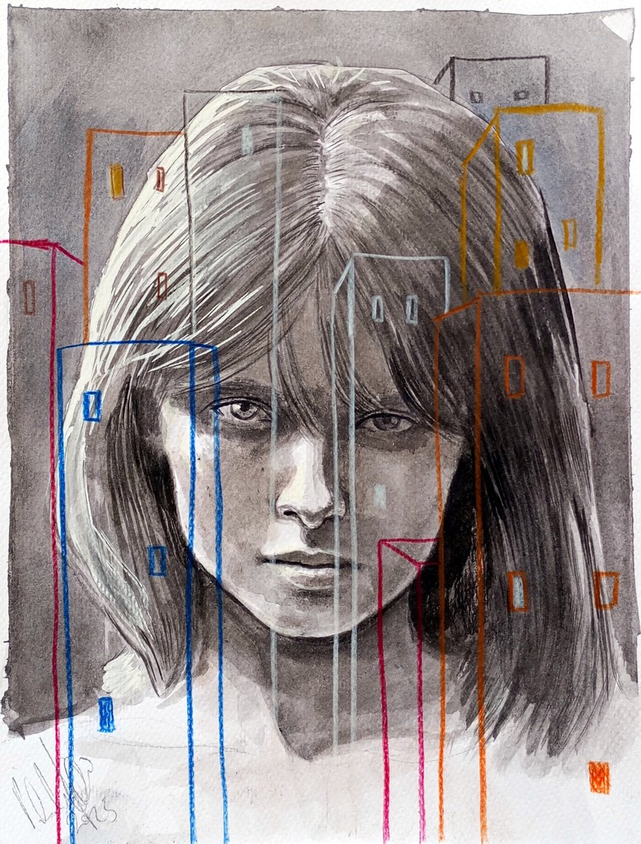 Illustrative Portrait Pastel Drawing By Paolo Beneforti, 7 X 9", Girl And A City, Original Artwork