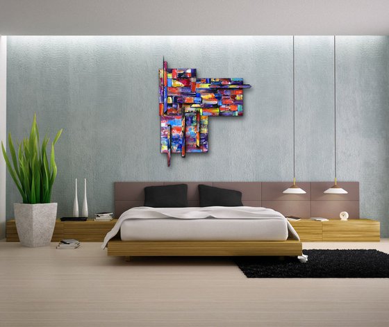 "Block Out" - Original Three-Piece Assembled PMS Mixed Media Sculptural Painting On Wood, Framed -  40 x 48 inches