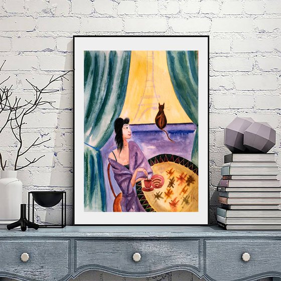 Woman and Cat Painting Figurative Original Art Lady and Cat Watercolor Paris Breakfast Artwork Home Wall Art 12 by 17" by Halyna Kirichenko