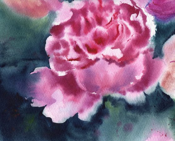 Blooming pink peonies. Original artwork.