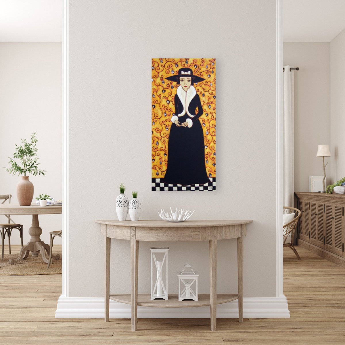 Impressionistic Portrait Oil Painting By Karen Rieger, 15 X 30", Viennese Gown With Checks, Original Artwork