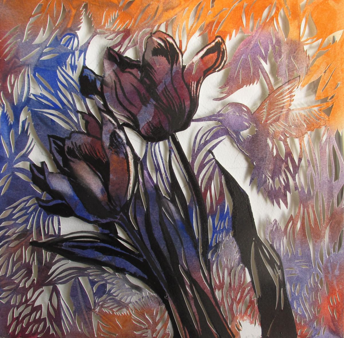 Botanical Watercolour By Alfred Ng, 13 X 13, Black Tulips With Humming Bird, Watercolor With Paper Cut, Original Artwork