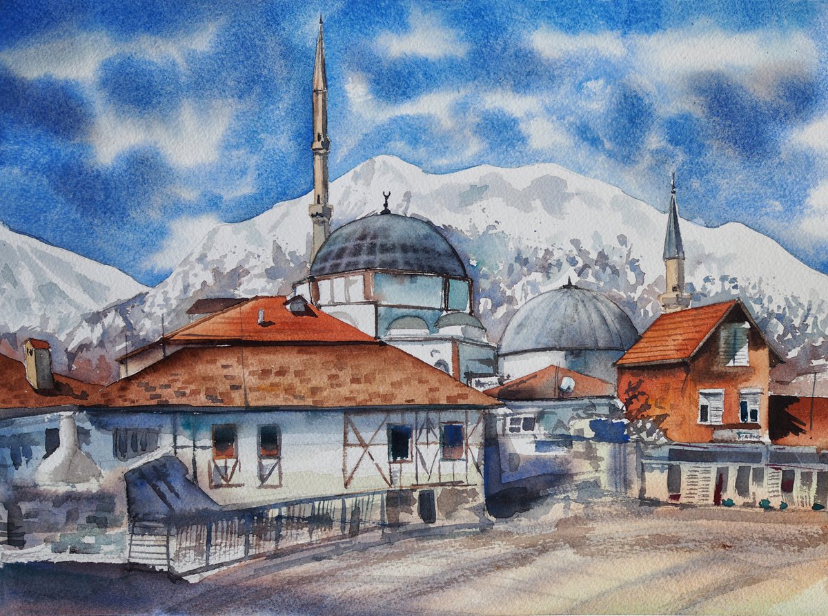 Impressionistic Cityscapes Watercolour By Delnara El, 15 X 11, Turkish Village, Original Artwork