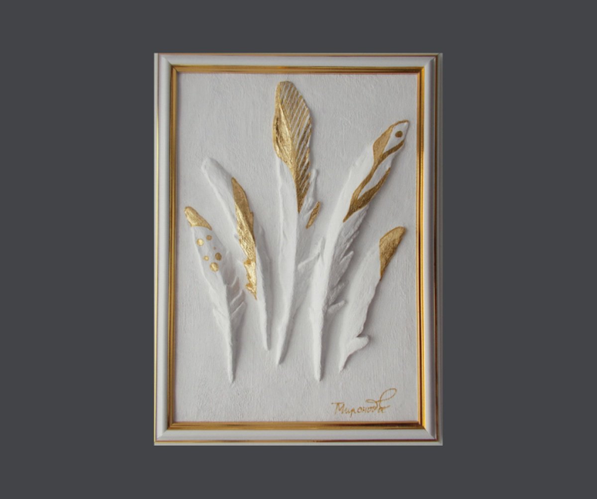 Golden feathers, sculptural wall  art by Tatyana Mironova