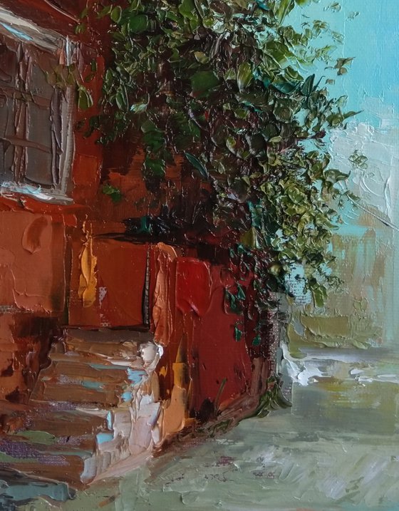 Red house (25x26cm, oil painting, impressionistic, ready to hang)