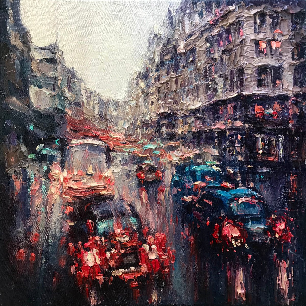 Impressionistic Cityscapes Oil Painting By Artem Grunyka, 16 X 16, «Neon Noir: London», Original Artwork