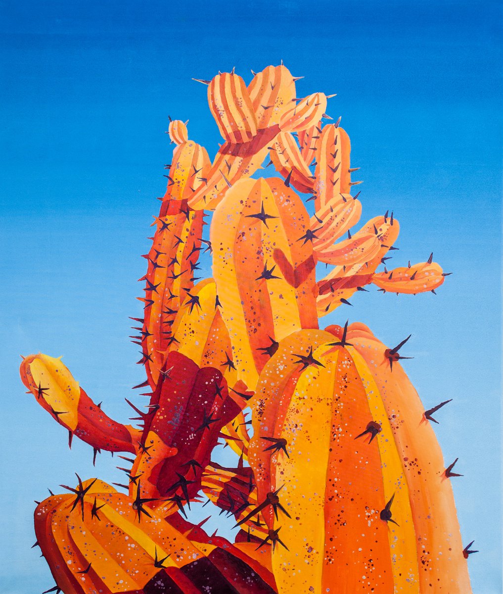 Urban And Pop Botanical Oil Painting By Dominic Virtosu, 39 X 50, Big Orange On Blue, Original Artwork