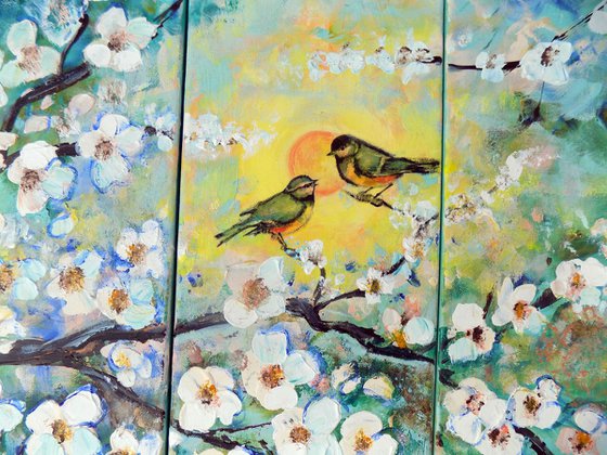 Singing of Spring - three pieces canvas, triptych, painting