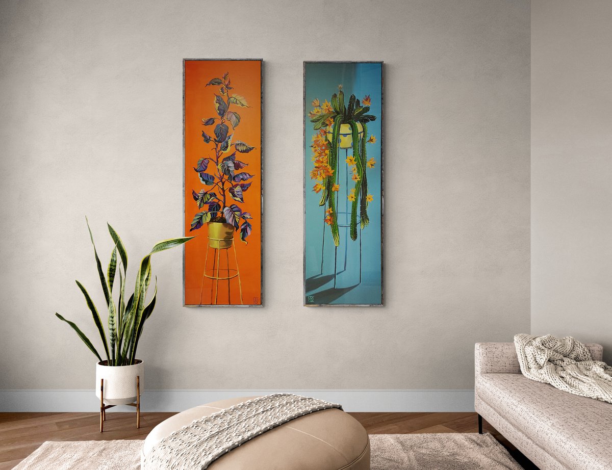 Impressionistic Botanical Acrylic Painting By Maria Kireev, 20 X 59", Blue Yellow Plants, Original Artwork