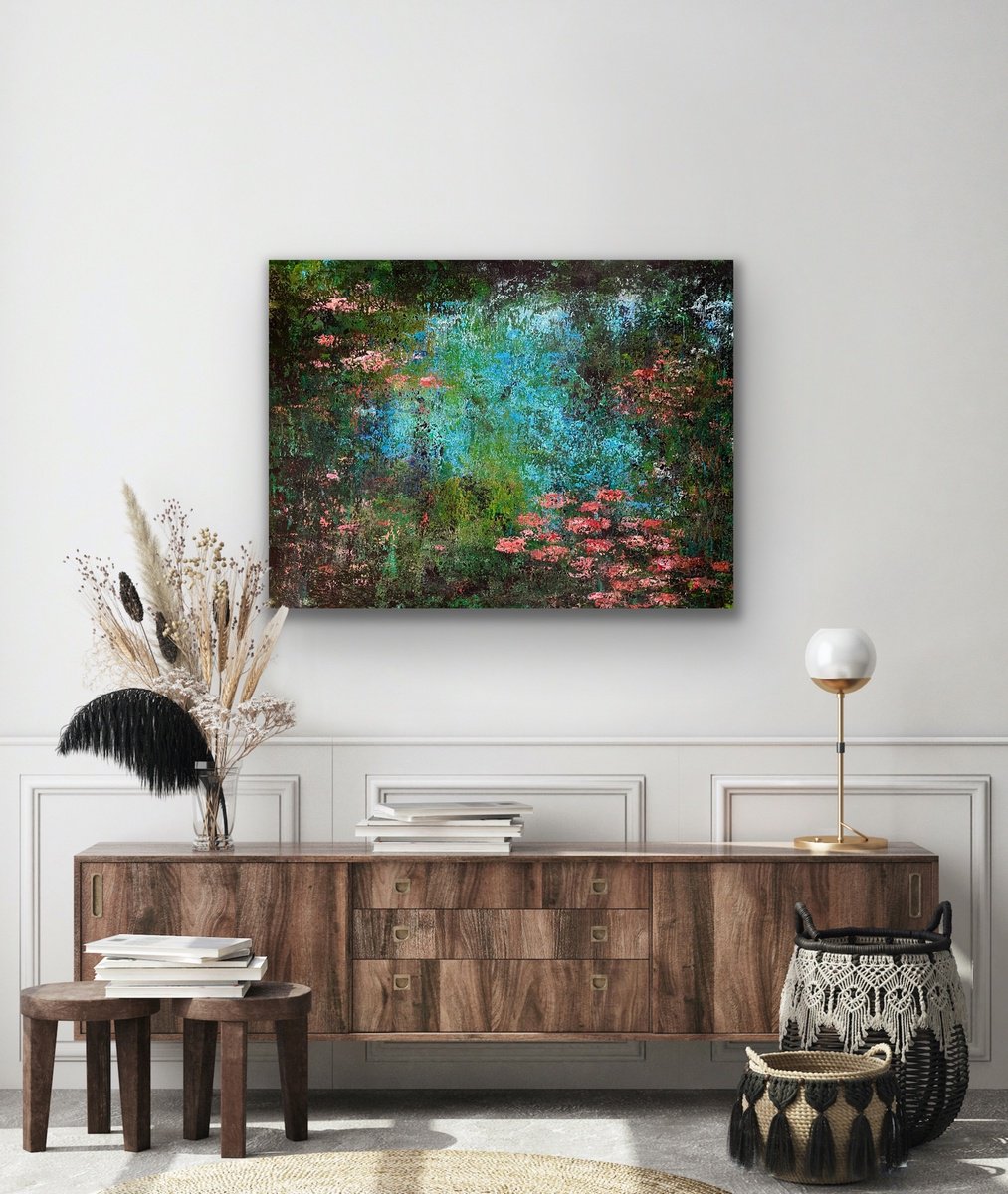 Impressionistic Abstract Acrylic Painting By Pooja Verma, 31 X 24", Echoes Of The Water Garden, Original Artwork