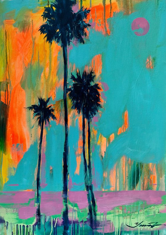 Blue&Orange artwork - "Pink sea" - Pop Art - Florida - California - Palms - Street Art - Expressionism - Sunset
