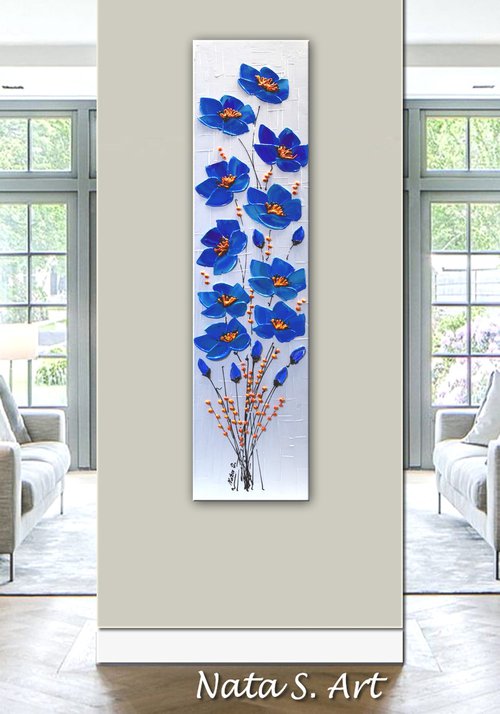 Blue Poppy - Original Textured Flowers by Nataliya Stupak