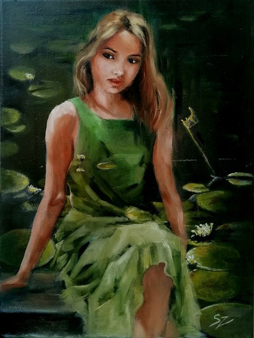 Girl sitting  by the pond by Susana Zarate
