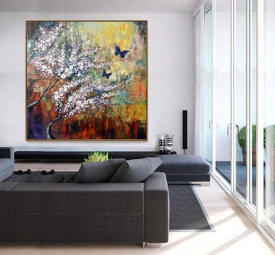 Two butterflies, flowers butterflies landscape large painting