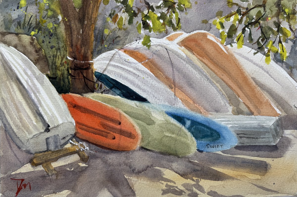 Impressionistic Landscape Watercolour By Shelly Du, 12 X 8", Kayaks And Dinghies, Original Artwork