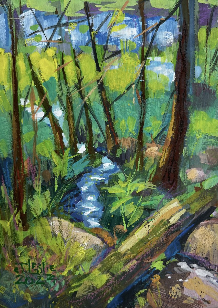 Impressionistic Landscape Painting By Jimmy Leslie, 5 X 7, Stream At Huggy Bear Lake, Original Artwork