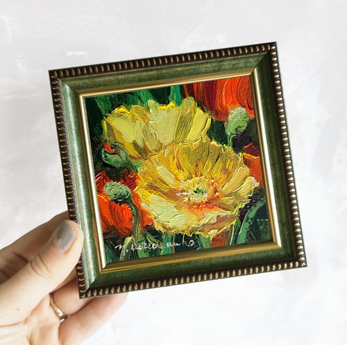Poppy small painting original, Red yellow flowers oil wall art 4x4 in frame by Nataly Derevyanko
