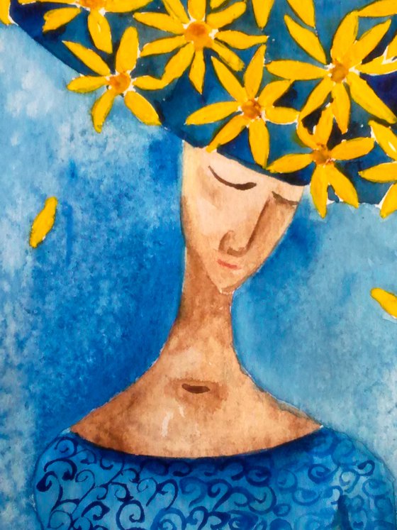 "Daisy" original watercolor painting woman and yellow flowers daisy classic blue dress