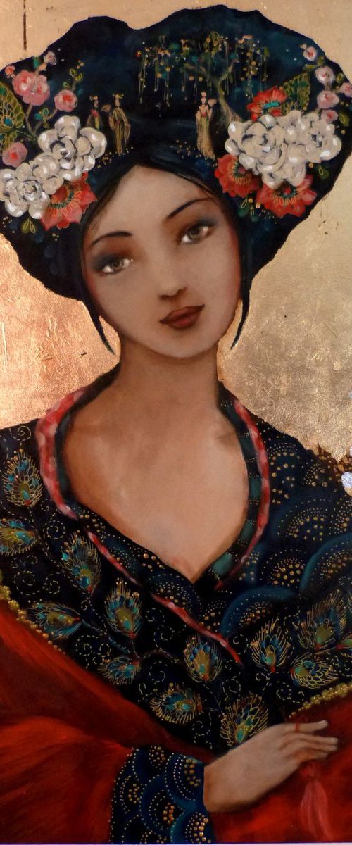 Woman asian portrait "Rendez vous sous le saule" 54x73cm by Loetitia Pillault