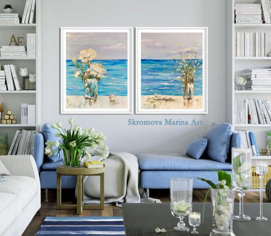 SEA ROMANCE - Marine set. Nice diptych. Ocean. Floral landscape. Sky background. White peonies. Daisies. Horizon. Sky.