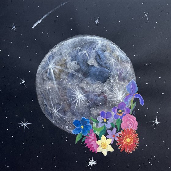 Moon Metallic Watercolor Painting, Stars and Flowers Gouache Original Artwork, Whimsigoth Wall Art