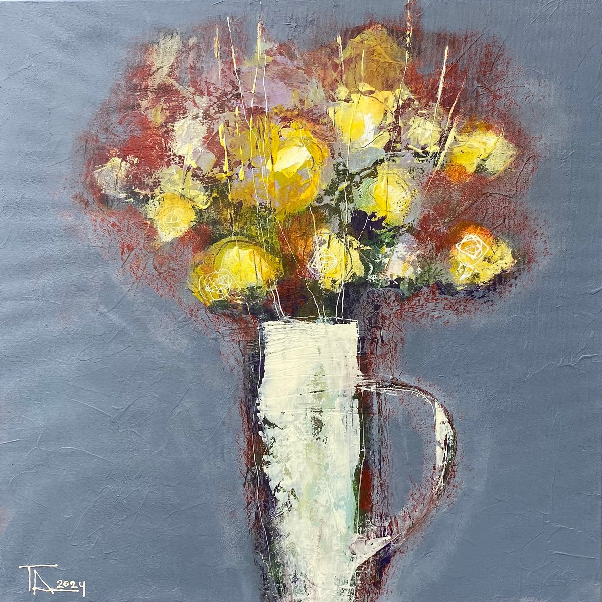 Expressive Botanical Acrylic Painting By Tatjana Auschew, 20 X 20", Flowers In A White Jug., Original Artwork