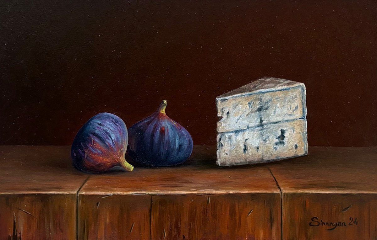 Photorealistic Still Life Oil Painting By Gevorg Sinanian, 15 X 9, Figs With Blue Cheese, Original Artwork