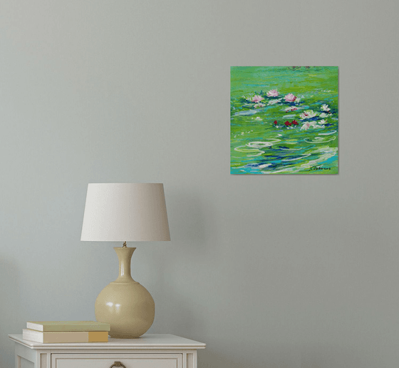 Water Lily Pond Small Floral Painting. Green Painting on Canvas. Modern Impressionism Art