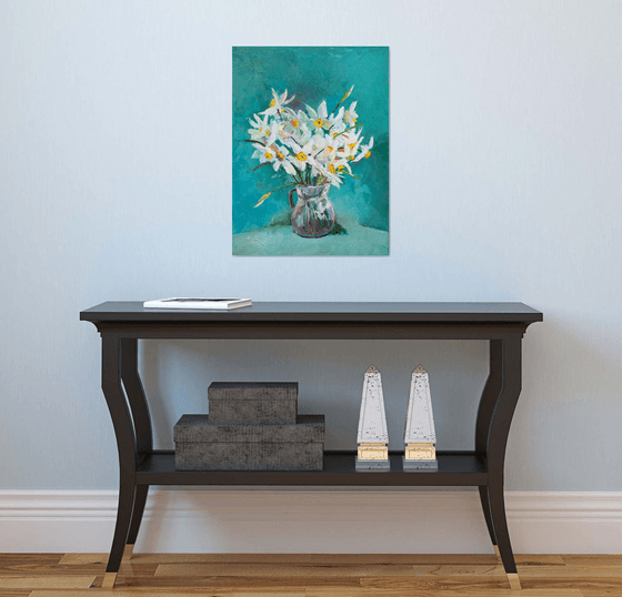 White Daffodil Flowers withTurquoise Background