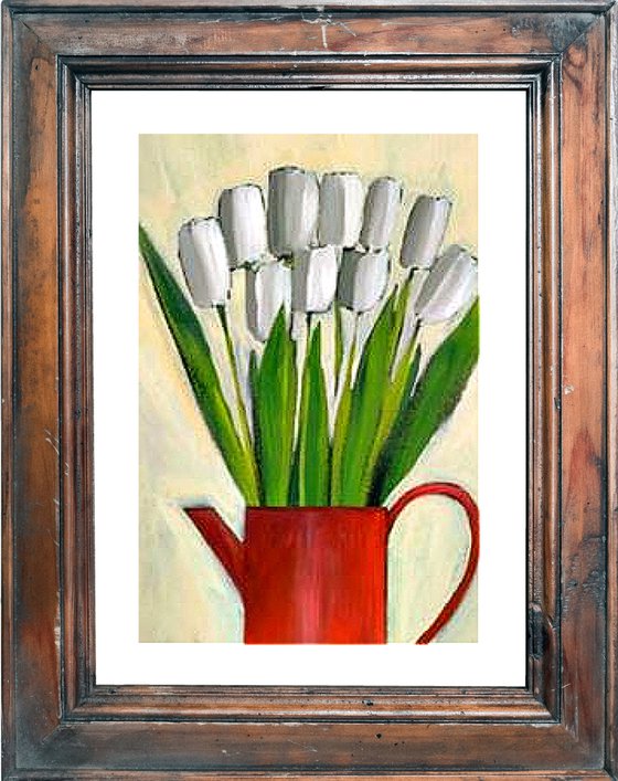 White Tulips in a Red Jug