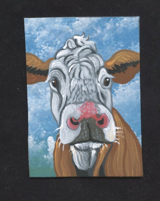 ACEO ATC Original Miniature Painting Brown Cow Farmyard Art-Carla Smale