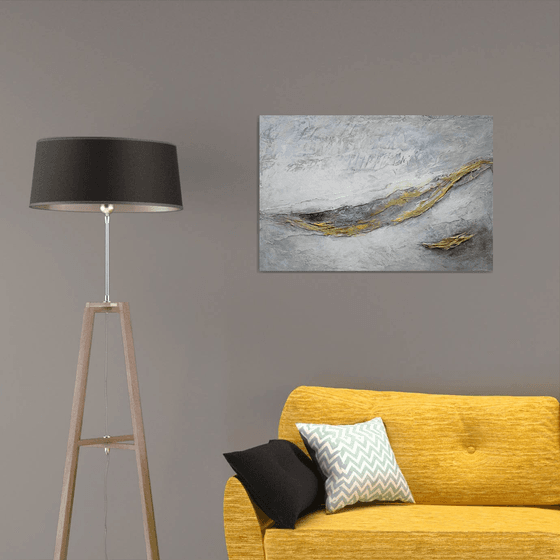 Large Abstract Large Large Abstract Painting. Gray and Gold, White. Modern Textured Art. Abstract Landscape