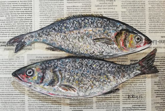 "Scaled Sea Brass Fishes on Newspaper" Original Oil on Canvas Board Painting 12 by 8 inches (30x20 cm)