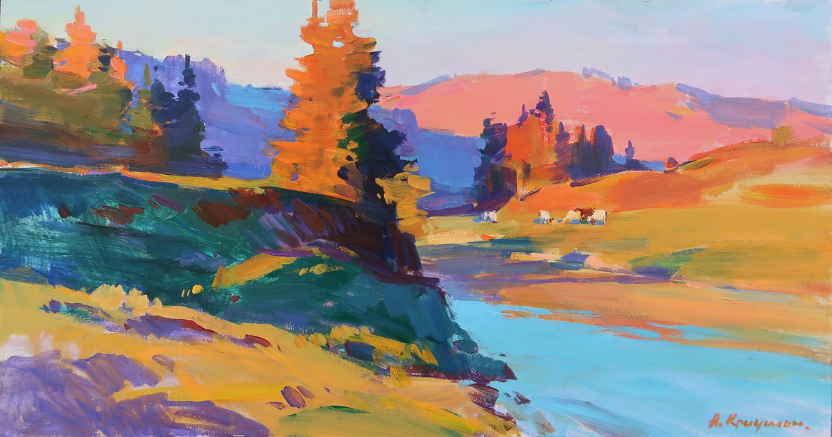 Impressionistic Landscape Acrylic Painting By Aleksandr Kryushyn, 30 X 16, Autumn Evening By The River, Original Artwork