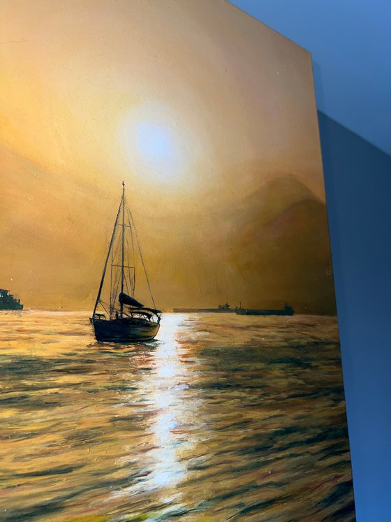 Peace of mind. Sailboat at sunset