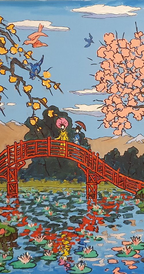 Japanese scene with apricot and cherry blossom by Colin Ross Jack
