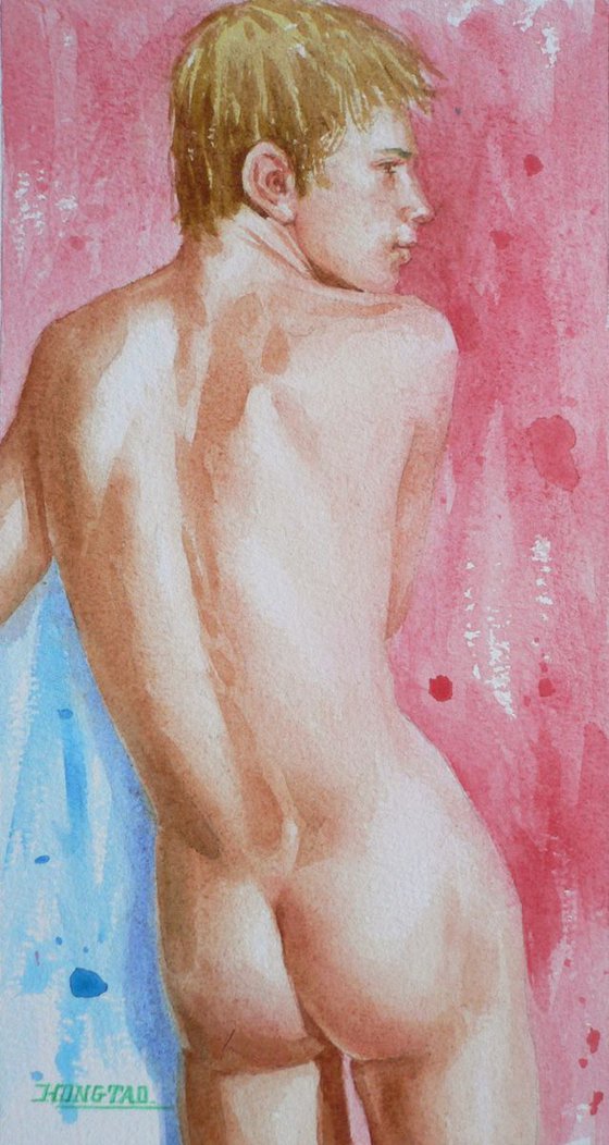 original watercolour painting  male  nude boy on paper#16-11-6