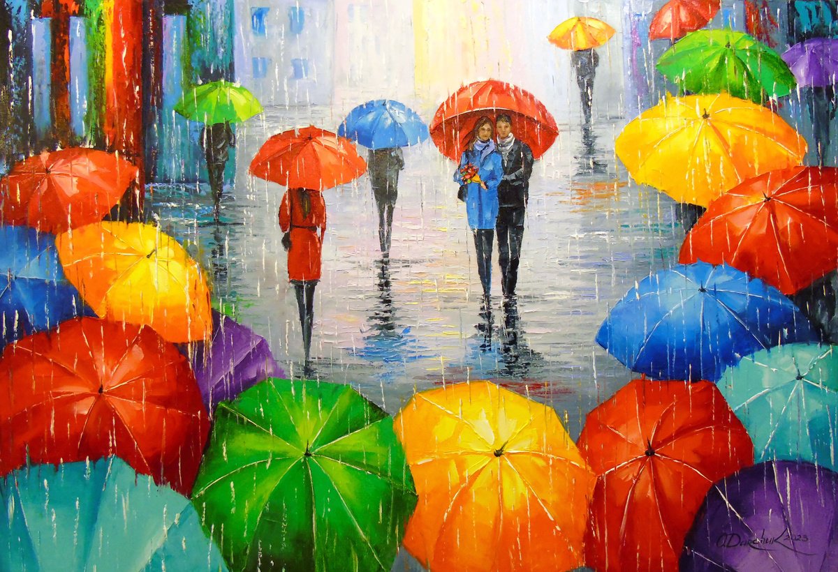 Impressionistic Landscape Oil Painting By Olha Darchuk, 51 X 35", A Bright Melody Of Rain In The City, Original Artwork