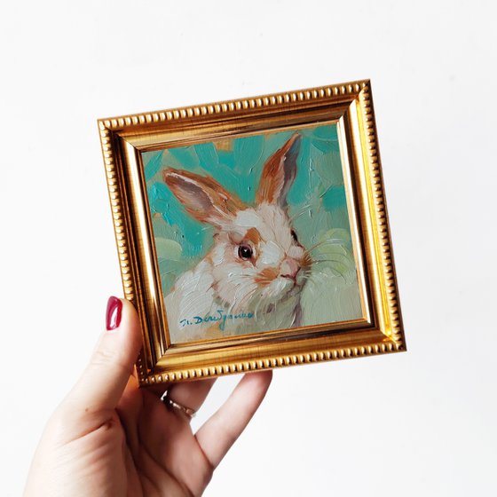 Cute rabbit painting original framed 4x4, Small framed art white rabbit artwork yellow background