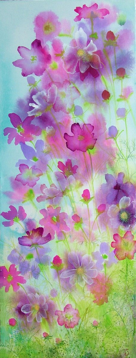 Impressionistic Botanical Acrylic Painting By Theresa Shaw, 14 X 33", The Cosmos, Original Artwork