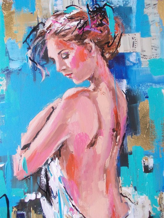 Note in Blue-Figurative Mixed Media Painting