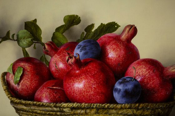 Authum with pomegranates and plums, 60x90cm, oil on canvas 2018, classical still life