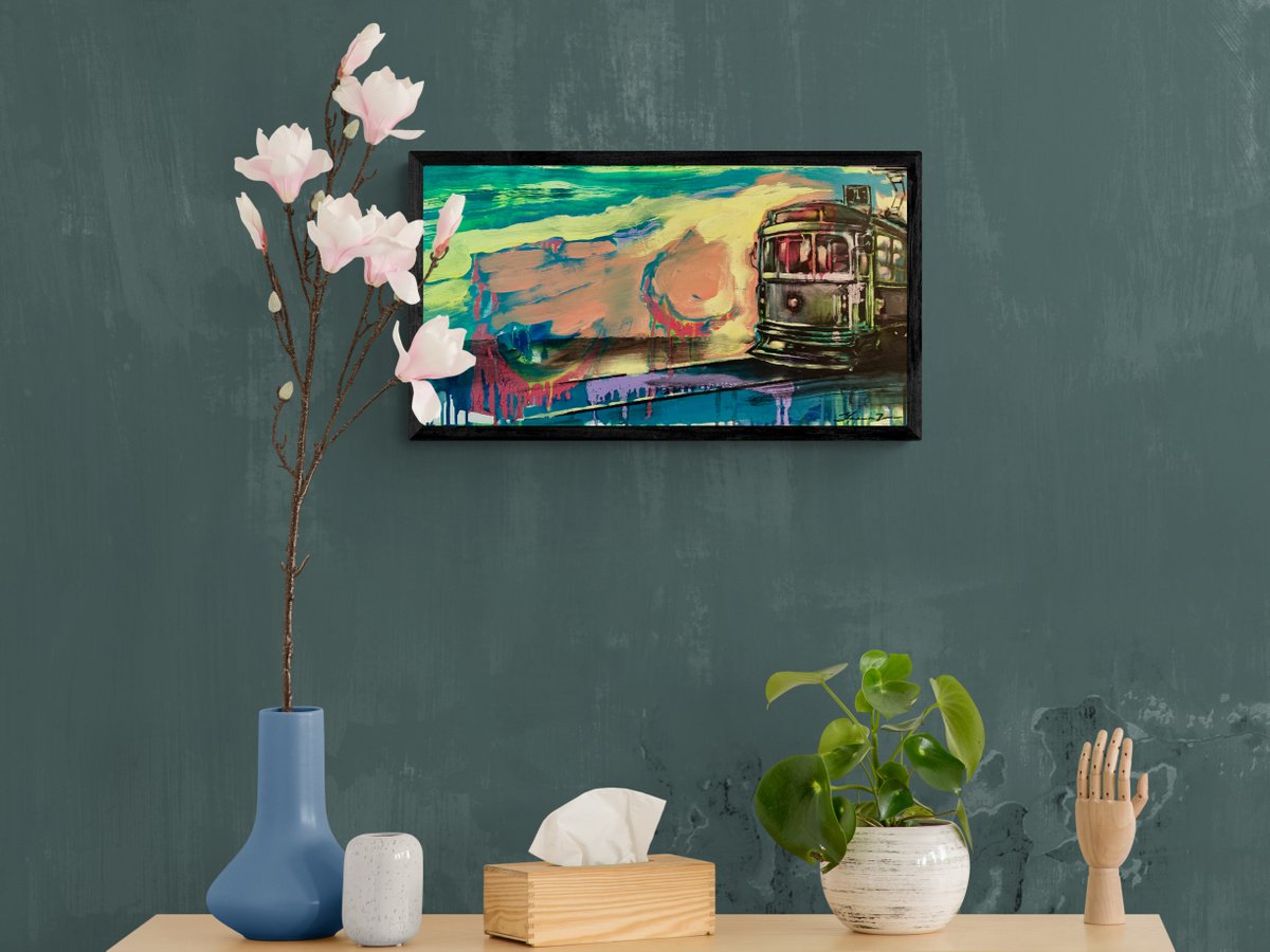 Urban And Pop Cityscapes Acrylic Painting By Yaroslav Yasenev, 26 X 14", Bright Tram, Original Artwork