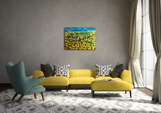 FIELD OF YELLOW  ROSES  palette knife modern YELLOW  TURQUOISE,  MEADOW OF FlOWERS, LANDSCAPE,  office home decor gift