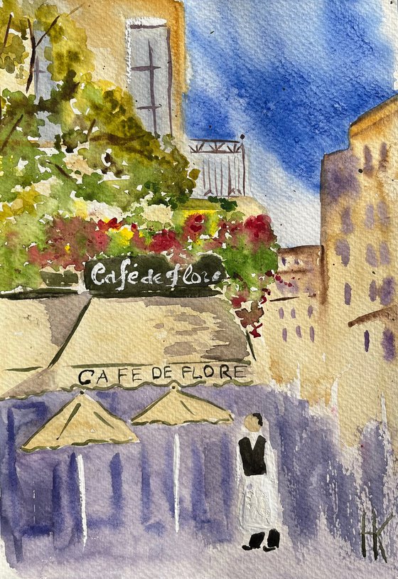 Paris Painting Cafe de Flore Original Art Cityscape Watercolor Europe Artwork Travelling Wall Art 9 by 12,5" by Halyna Kirichenko