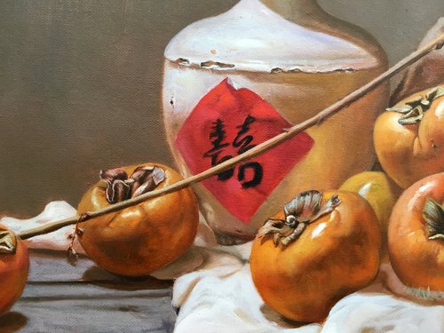 Realism still life painting:China with Persimmons t234 by Kunlong Wang