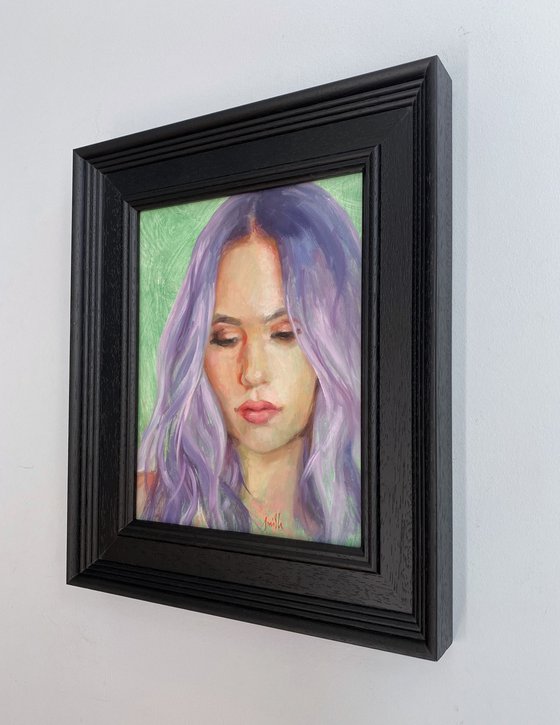 Contemporary portrait of a young woman, purple on green.